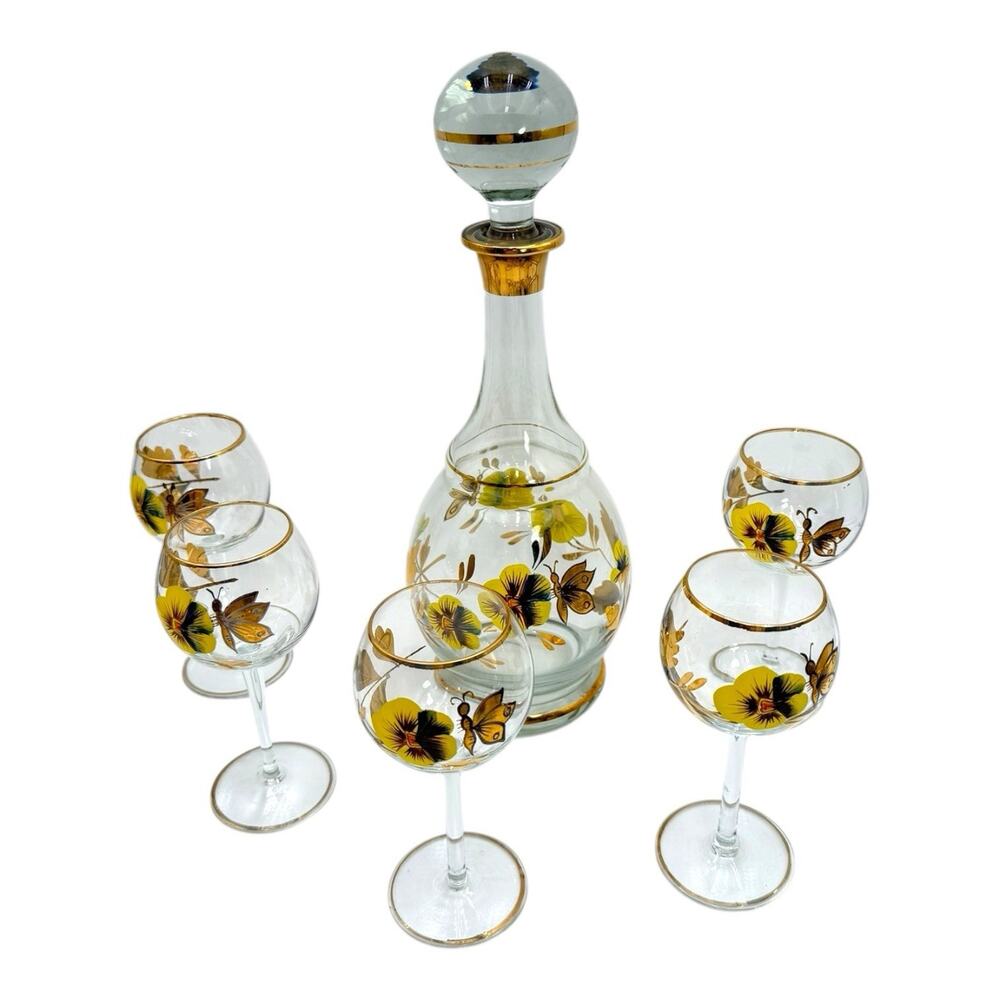 Vtg Romanian Hand Painted Crystal Floral Decanter & 5 Stemmed Glasses Yellow EUC